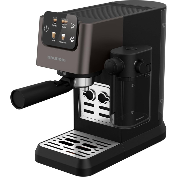 GRUNDIG KSM 5330 Espresso Machine with Integrated Milk Container, 1628 W Power, 15 bar Pump Pressure, Dual Nozzle, Color Touch Display, BrewSense, CreamyPro, Dark Inox/Black. With Milk Container