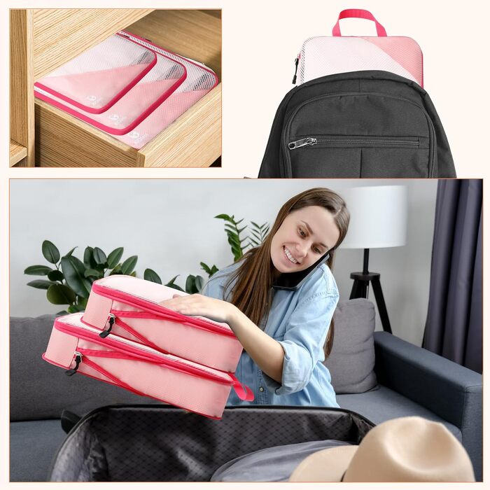 Набір органайзерів для валізи AiQInu: 5 шт. з компресією, мішки для білизни та взуття, рожевий
