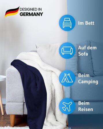 Пухова ковдра KAMI 150x200 см - тепла та м'яка ковдра з Sherpa для вітальні, дивану, ліжка. З кишенею для телефону та захистом від бруду. Велика, тепла зимова ковдра (Королівський синій)