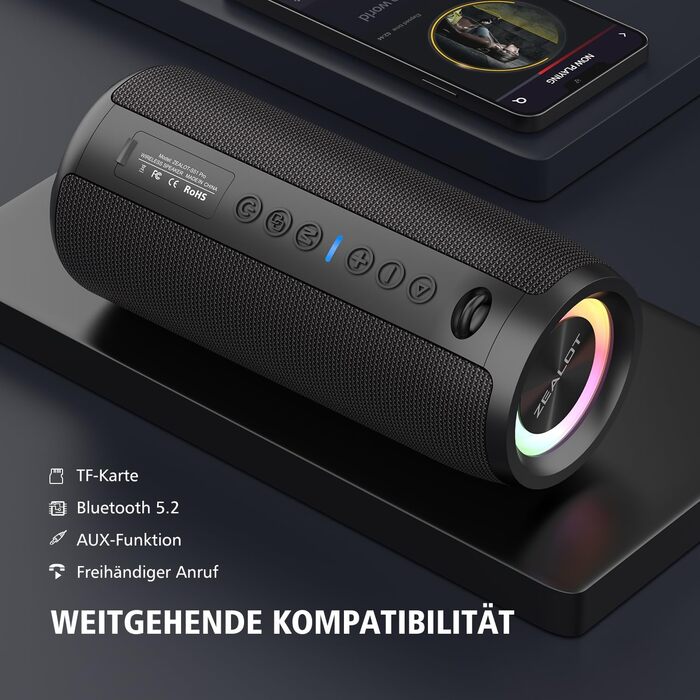 ZEALOT Bluetooth колонка з підсвіткою 40W, портативна водонепроникна (IPX6), AUX, USB, Micro SD, Bluetooth 5.2, Dual Pairing