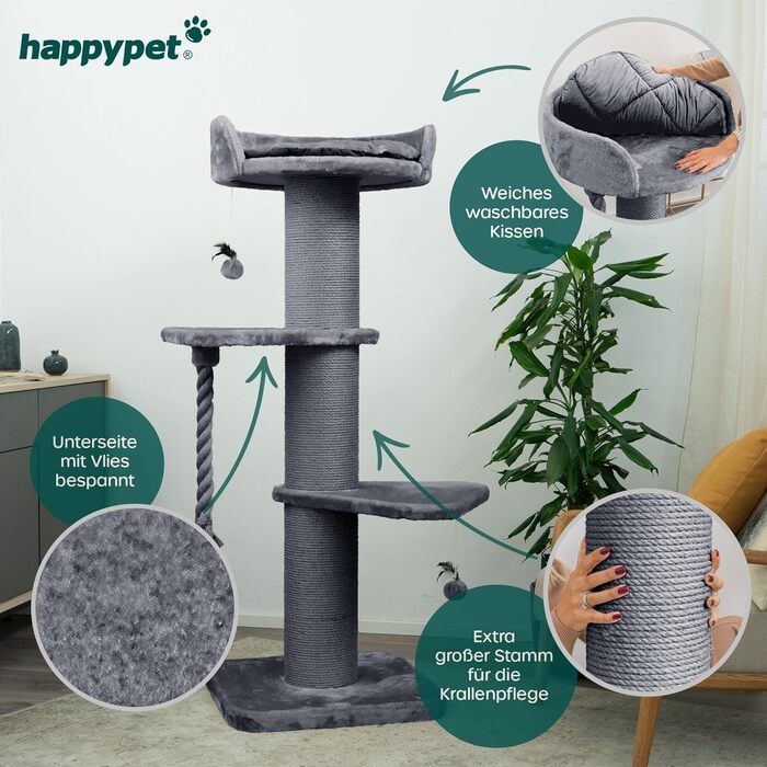 Преміум кігтеточка HAPPYPET 'Фредді' – 150 см, для Мейн-куна, з натурального сизалю, товсті стійкі стовпи (сіра)