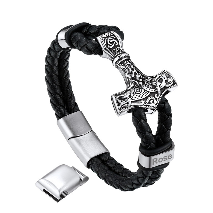 Браслет шкіряний чоловічий Bandmax Mjölnir/Череп/Масонство, персоналізований, з магнітним застібкою, 23 см