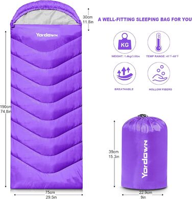 Yordawn Sleeping Bag - Outdoor Camping, 3-4 Season, Ultralight, Waterproof, for Adults & Kids