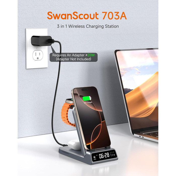 Бездротова зарядка 3-в-1 SwanScout 703A для iPhone 17/16/15/14/13/12, Apple Watch 11/10/9/8/7/Ultra та AirPods Pro 3 (Tech Grey)