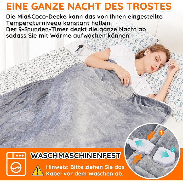 Електрична ковдра Mia&Coco з автовимкненням, 10 температурних режимів, таймер до 9 годин, захист від перегріву, фланель, 130x160 см, сіра
