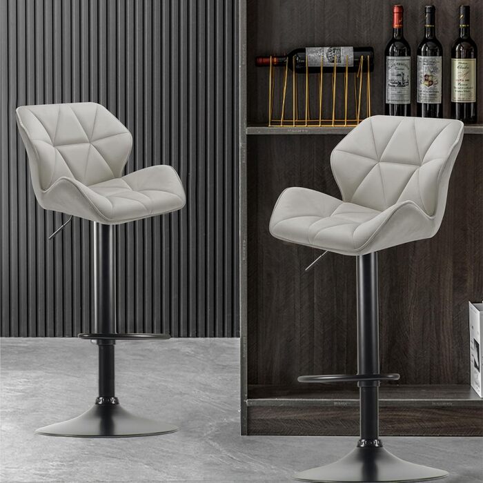 WangPangzi Adjustable Bar Stools 2-Pack with Backrest - Padded Faux Leather Kitchen & Counter Height Stools with Footrest - for Home, Kitchen, Hotel, Bar (Black & Light Gray Velvet)