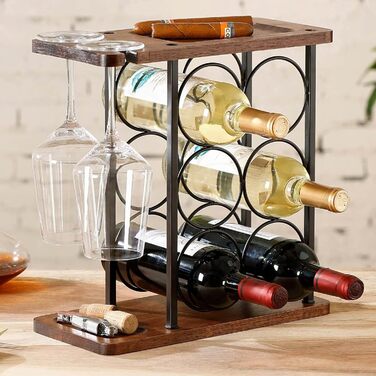 Wine rack with glass holders, tabletop wine holder with tray, freestanding wooden wine rack, perfect for home decor & kitchen storage rack, etc. (holds 6 bottles and 2 glasses)
