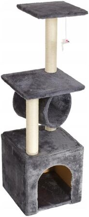 Клітка-гойдалка для котів Kratzbaum 90 см з оглядовою платформою, будиночком та когтеточками, сізал, сірий