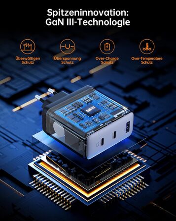 Зарядний пристрій USB-C 67W NOVOO GaN III 3-порти, швидка зарядка для MacBook, iPad, Pixel, Samsung, iPhone, Steam Deck (Чорний)