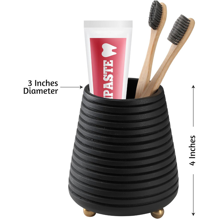 Folkulture Bathroom Toothbrush Holder, Modern Wooden Toothbrush and Toothpaste Holder (Black Grooves)