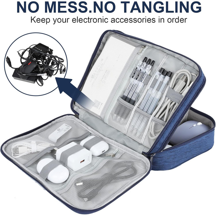 Органайзер для кабелів AiQInu: універсальна дорожня сумка-кубик, 3 шари, водонепроникний, для кабелів, powerbank, USB, SD карт (темно-синій)