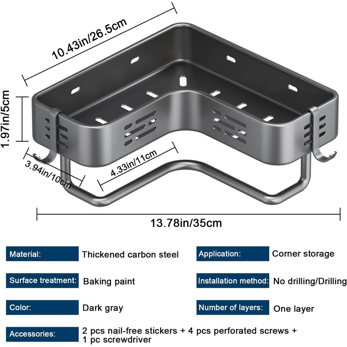 Поличка для душу без свердління, кутова, для ванної кімнати, органайзер, шафка для душу, тримач для шампуню, 2 гачки, темно-сірий