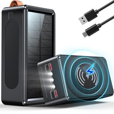 Портативний акумулятор 90000 mAh з сонячною панеллю, PD35W, QC 3.0, Wireless, USB-C, 6 виходів, LED дисплеєм, SOS ліхтарик для подорожей, кемпінгу, відпочинку на природі, чорний