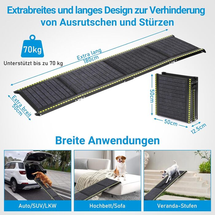 Рампа для собак Extra Breit - пандус для великих собак до 70 кг, легка, з антиковзким покриттям, алюмінієва, для авто, SUV (180x50 см)