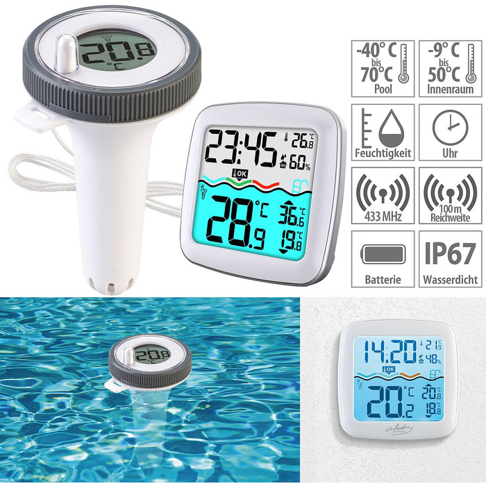 infactory Pool Thermometer: Digital Pond & Pool Thermometer, Radio Receiver, Color LCD, IP67 (Pool Radio Thermometer, Radio Pool Thermometer, Temperature Sensor)
