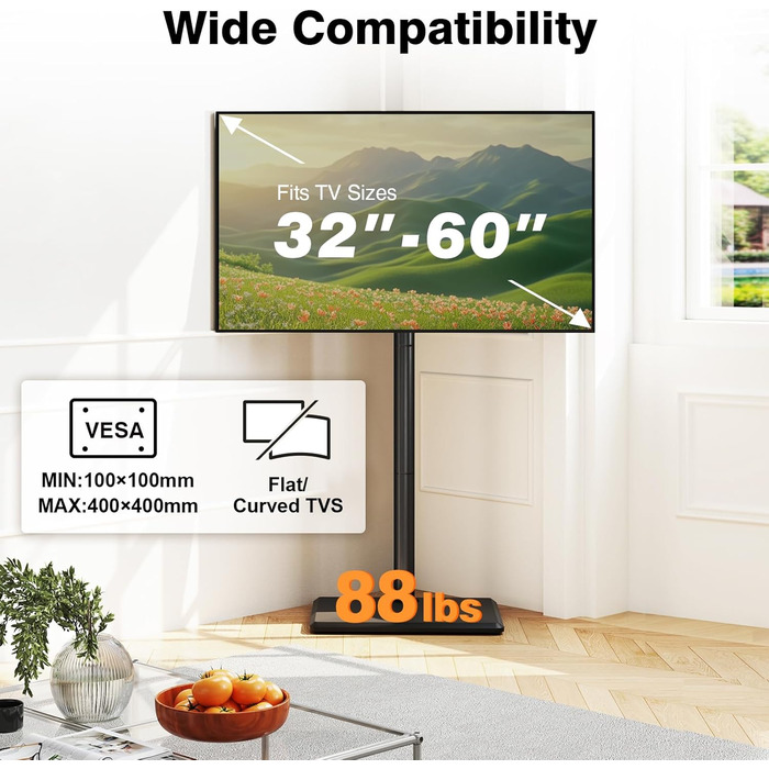 Підставка для телевізора TVON на підлозі з кріпленням для більшості телевізорів 81,3 - 152,4 см (32-60 дюймів) до 40 кг, регульована по висоті, з дерев'яною основою, для економії місця, підлогова підставка для телевізора (Чорний, Дерев'яна основа)