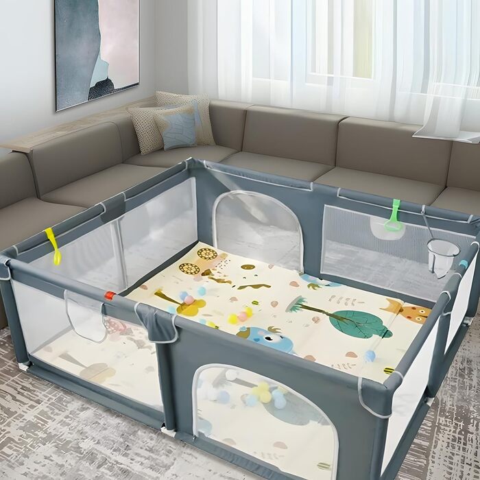 Дитячий манеж Laufstall 180x150 см з матрацом, 50 кульками, 4 ручками, блискавкою, кошиком і дихаючою сіткою, великий ігровий манеж для дітей з сумкою для зберігання, темно-сірий