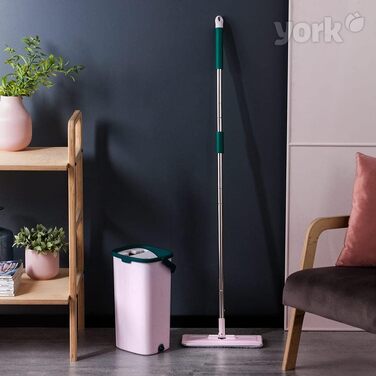 Набір для миття підлоги YORK Wischmopp: відро з віджимом, моп, 2 мікрофібрових насадки, рожево-зелений