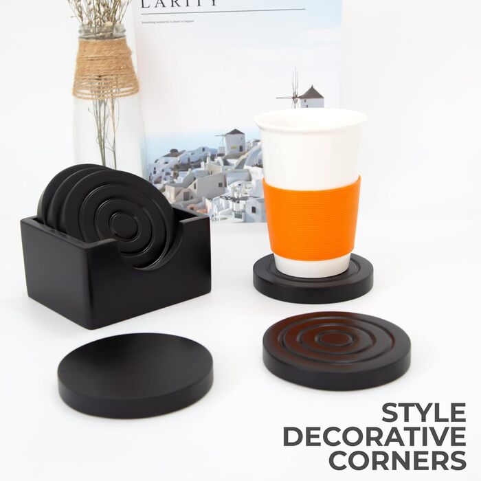Colorful Wooden Coasters for Drinks - 6-Piece Set for Drinking Glasses, Table Protector for Every Table Type, Gift Set for All Occasions (Black, Coasters (With Holder))