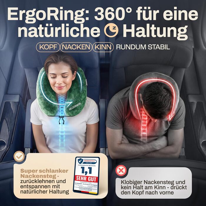 Подушка для шиї HELDENWERK® Air - для подорожей літаком та автомобілем | 5 положень, регульована, знімний капюшон | М'яка, зелена, для жінок та підлітків