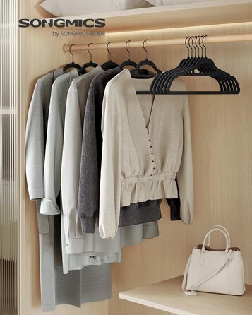 Плечики SONGMICS для одягу, 50 шт., велюрові, антиковзаючі, для краваток, 360° обертання, 0,6 см, економія місця, 43,5 см, для пальто, штанів, срібно-білі