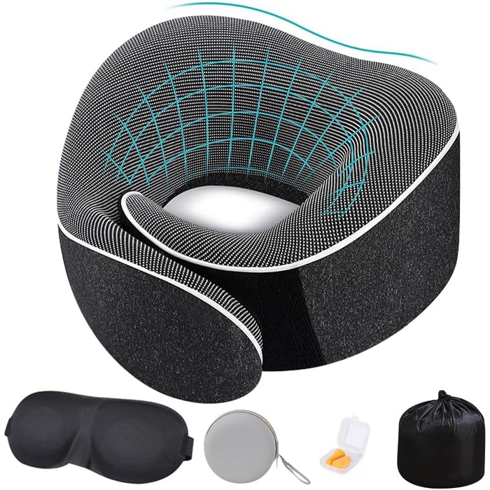Подушка для шиї у літак, 2.0 Nackenhörnchen, подушка для подорожей, 100% Memory Foam, з 3D-маскою для сну та берушами. Ідеально для подорожей літаком, автомобілем, поїздом.