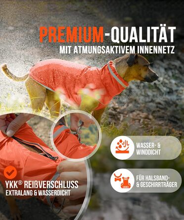 ZAUBERPFOTE® Dog Raincoat London | With extra-long YKK® zipper for collar & harness | For small, medium & large dogs | Waterproof & machine washable | Dog raincoat (Orange, 45)