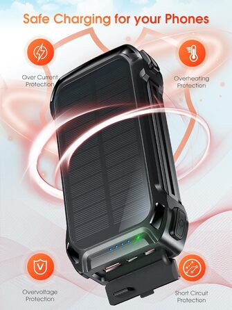 Портативний зарядний акумулятор 26800mAh з сонячною панеллю, 30W PD, 15W Wireless, 3 порти, ліхтарик, для телефонів та планшетів, чорний