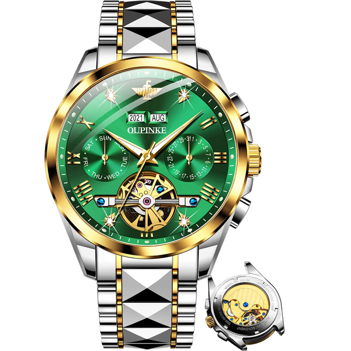 Годинник чоловічий OLEVS Automatik Skelett з автопідзаводом, механічний, люкс, з діамантами, сапфірове скло, водонепроникний, браслет з вольфрамової сталі (3186 Зелений/Золотий)
