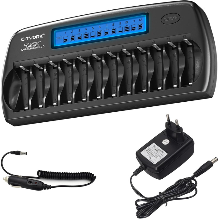 Зарядний пристрій CITYORK для акумуляторів AA/AAA з LCD-дисплеєм, 12 слотів, NI-MH/NI-CD, з розрядом та захистом IC