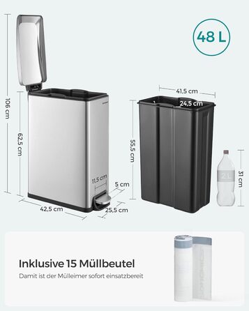 Степле́р SONGMICS для кухні, 48 літрів, вузький, з м'яким закриттям, з відром, з нержавіючої сталі, 15 мішків у комплекті, сріблястий
