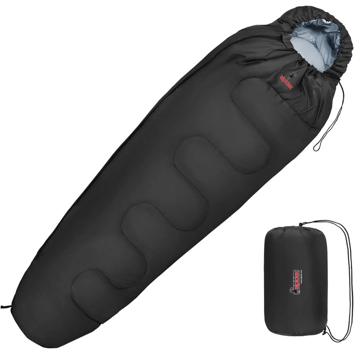 Сплячий мішок Alpidex 4 сезони, 225x80 см, -17°C, 400 GSM, ультралегкий, для кемпінгу, трекінгу, подорожей, чорний (правосторонній)