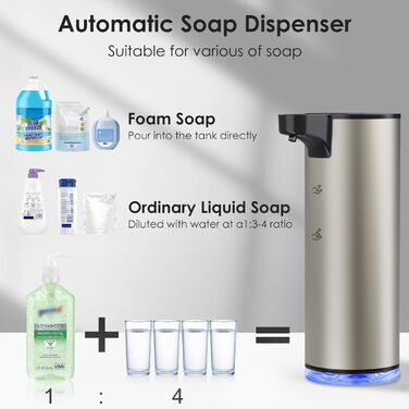 Automatic Soap Dispenser Stainless Steel Foam Soap Dispenser Electric - LAOPAO Soap Dispenser Set IPX5 Waterproof USB-C Charging with Sensor Infrared Motion Sensor for Kitchen & Bathroom Silver Black