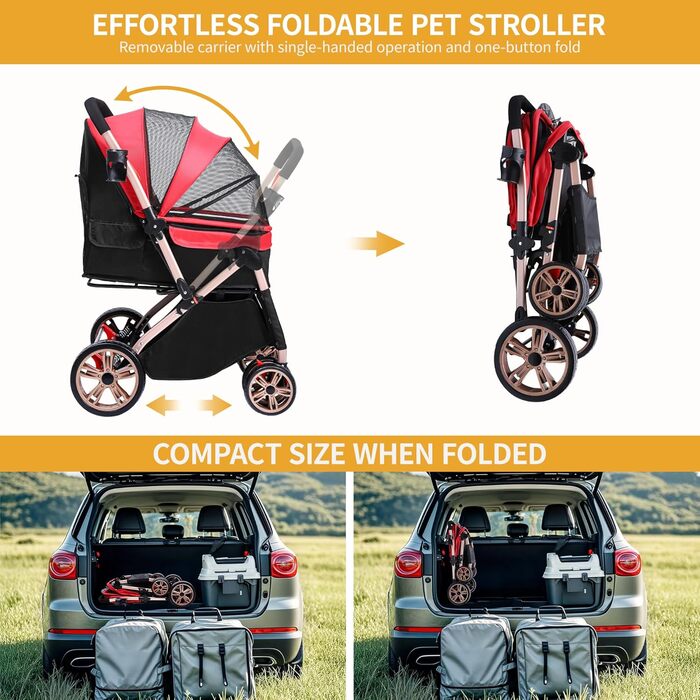 Візок для собак DWVO 3-в-1: візок, переноска, сумка. До 22 кг, EVA-колеса, відкидний кошик, сітчасті вікна, 58.5x76x105 см. Червоний колір