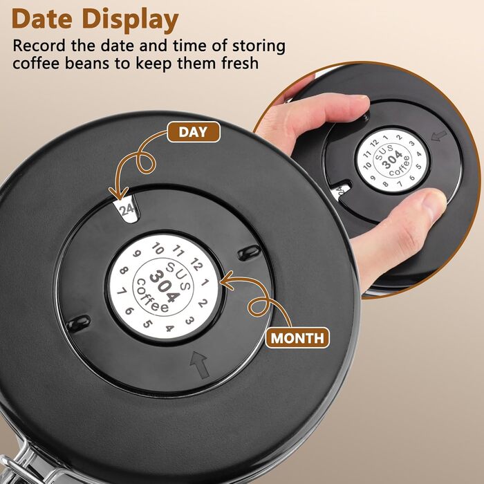 Герметичний контейнер для кави з нержавіючої сталі 304, 1,8 л, з ложкою та індикатором свіжості. Підходить для кави, чаю, горіхів, какао. Чорний колір.