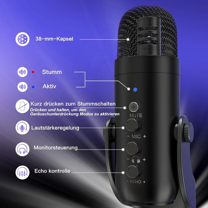 USB мікрофон Zealsound: конденсаторний мікрофон для ПК, телефону, PS4, PS5. Ідеально для геймінгу, подкастів, запису звуку, стрімінгу та ASMR. З регулюванням гучності та ефектом ехо. Сумісний з Mac, Windows. Чорний колір.
