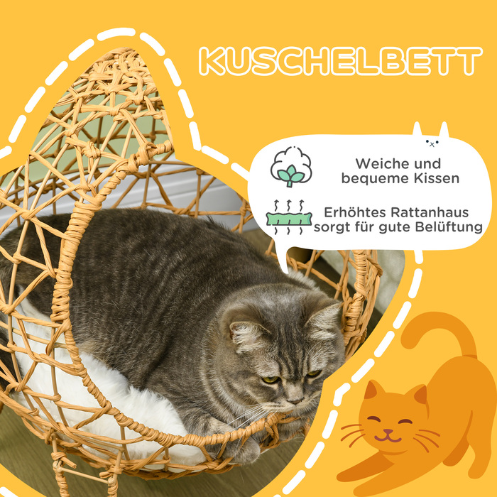Pawhut Rattan Cat Cave Bed with Cushion - Elevated Design, Brown, 18