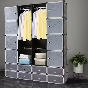 Regal System Shoe Rack Set of 20 Cubes, Plastic Closet with Doors, Plug-in Shelf, DIY Cube Shelf, Storage, Modular Combination Cabinet for Clothes, Shoes, and Books, Black (Black with 16 Cubes)