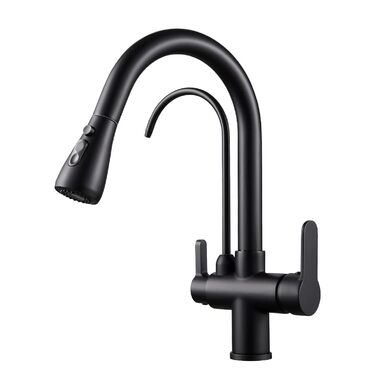 Чорний кухонний змішувач з висувною лійкою 360°, з нержавіючої сталі, для фільтрованої води