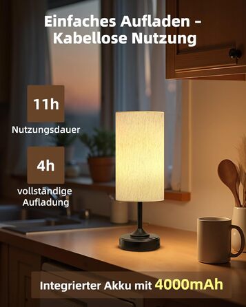 Світлодіодна настільна лампа EZVALO з сенсорним димером, акумуляторна (4000mAh), USB-C, тепле світло 2700K, чорна - 1 шт.