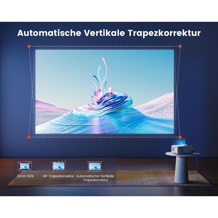 Beamer 25000Lumen 1080P/4K Android TV з автотрапецеїдним виправленням, електричним фокусом, WiFi, Bluetooth, для iPhone/Android/Tablet, білий