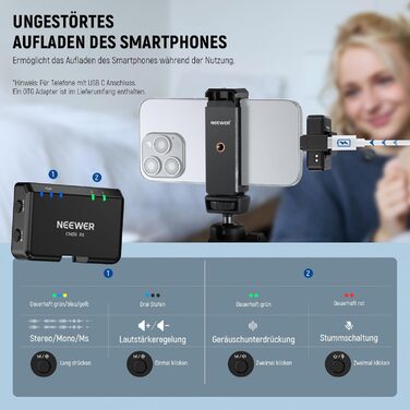 NEEWER CM29 Мініатюрний бездротовий мікрофон-петличка, 48kHz/24Bit з шумозаглушенням, 25 годин роботи, 150м радіус дії, сумісний з iPhone, iPad, Android, DJI, Insta360, ПК, Mac (1RX+2TX+зарядний кейс)