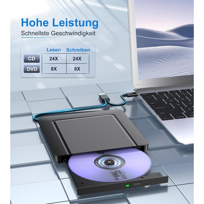 Зовнішній CD/DVD привід USB 3.0 та USB-C, ультратонкий оптичний накопичувач CD DVD +/-RW ROM для ноутбука, ПК, MacBook (Windows, macOS, Linux), чорний