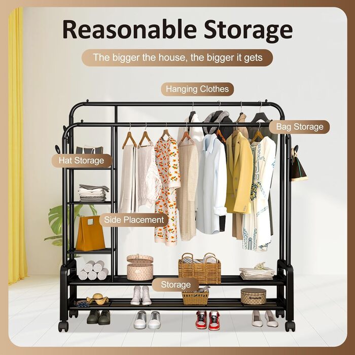 Clothes rack, clothes rod, rolling clothes rack, rolling clothes rod, stable clothes rack, black clothes rack, clothes rack with wheels and two clothes rods (Black)