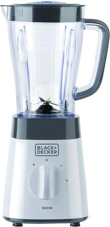 Блендер стаціонарний BLACK+DECKER, 500 Вт, 2 швидкості, пульс, скляна чаша 1,5 л, 4-лезове сталеве лезо, легке очищення, білий/сірий