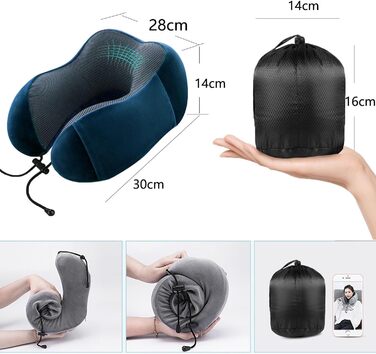 Подушка для шиї MASMAS з Memory Foam, ортопедична, для подорожей (синій комплект)