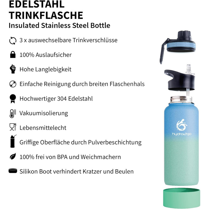 Stainless Steel Water Bottle – BPA-Free Thermo Bottle for Kids, School, Sports & Outdoor – Keeps Drinks Hot for up to 12H and Cold for up to 24H – Includes 3 Drinking Caps – (Lagoon, 950 ml)