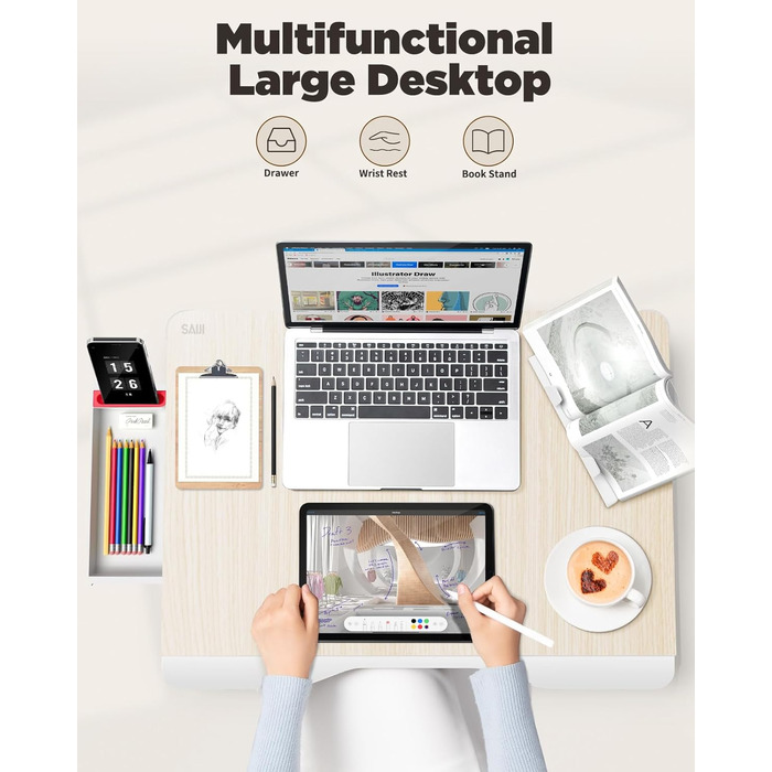 SAIJI Стіл-таблетка для ноутбука, розкладний XXL, з ящиком та підставкою для книг/телефону (65 x 49 x 30 см, Light Teak)