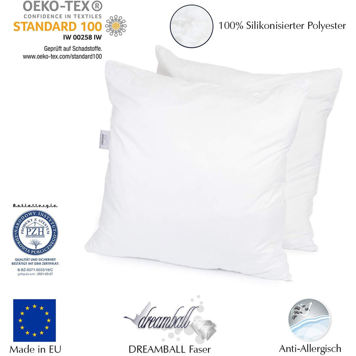 H&F Heimtextilien Top Quality Pillow 80x80 2-Pack | Allergy-Friendly Pillow with Oeko-TEX Certified | Cover: 100% Microfiber | Filling: 1100 Grams Polyester 2 80 x 80 cm