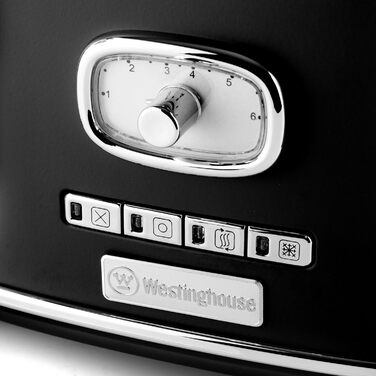 Тостер Westinghouse Retro на 4 скибки, знімна решітка для булочок, 6 режимів підсмажування, функції розморожування, підігріву та зупинки, центрування хліба, індикатор, висувний піддон для крихт, чорний